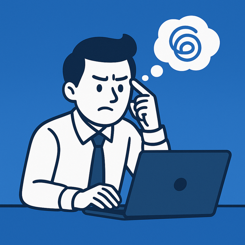 Иллюстрация: персонаж активно думает и работает за ноутбуком