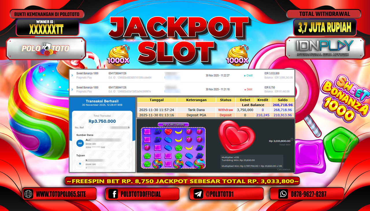 POLOTOTO JACKPOT SLOT SWEET BONANZA 1000 Rp.3.700.000,- LUNAS