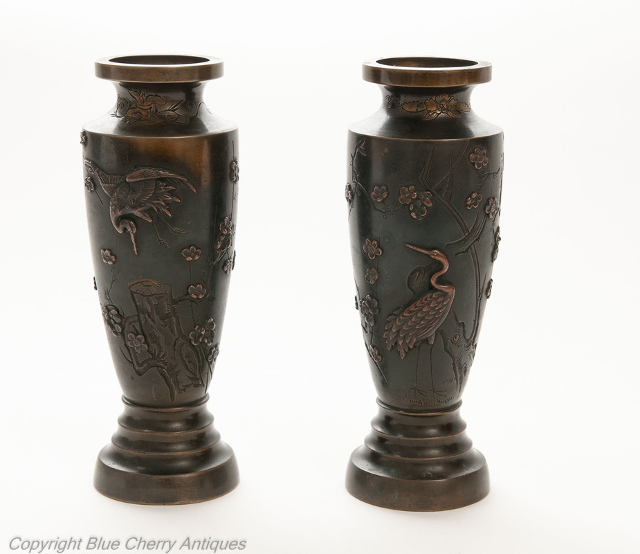 Pair Of Antique Japanese Cast Bronze Vases With Prunus Cranes