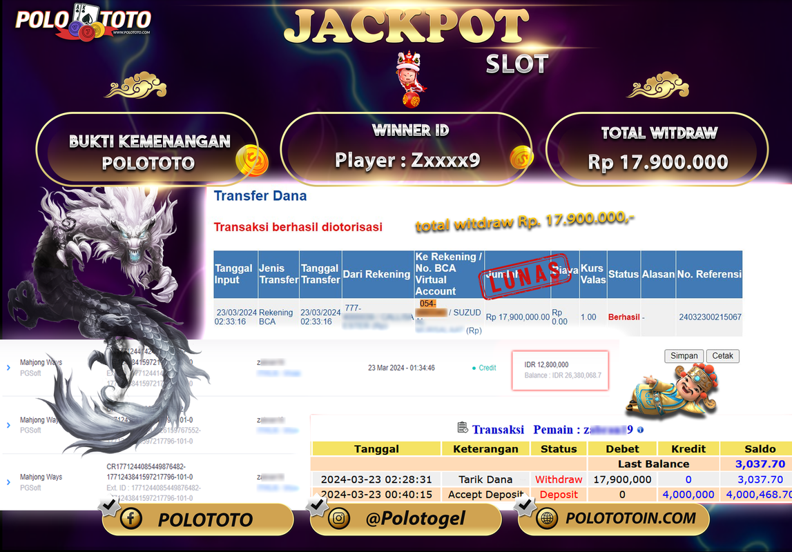 POLOTOTO BUKTI JACKPOT SLOT MAHJONG WAYS Rp 17.900.000,- LUNAS