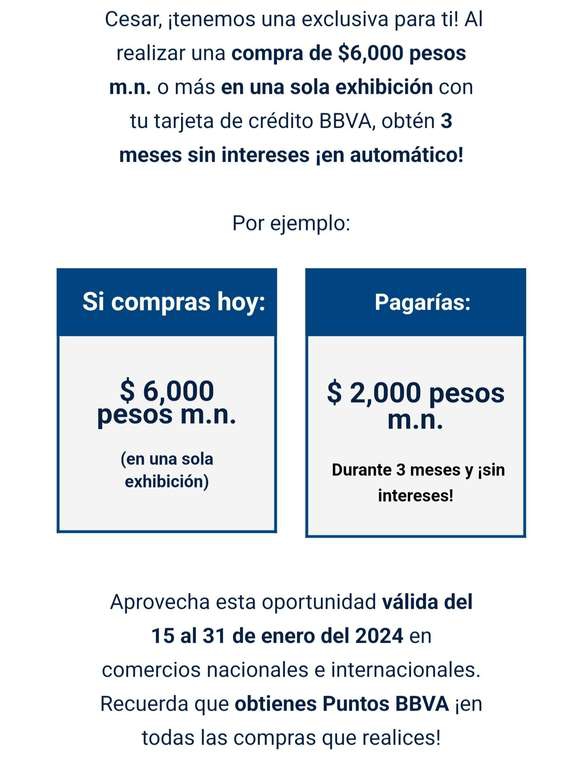 BBVA: Paga a una exhibición con tu tarjeta de crédito BBVA y obtén 3 meses sin intereses en automático. | Usuarios seleccionados 
