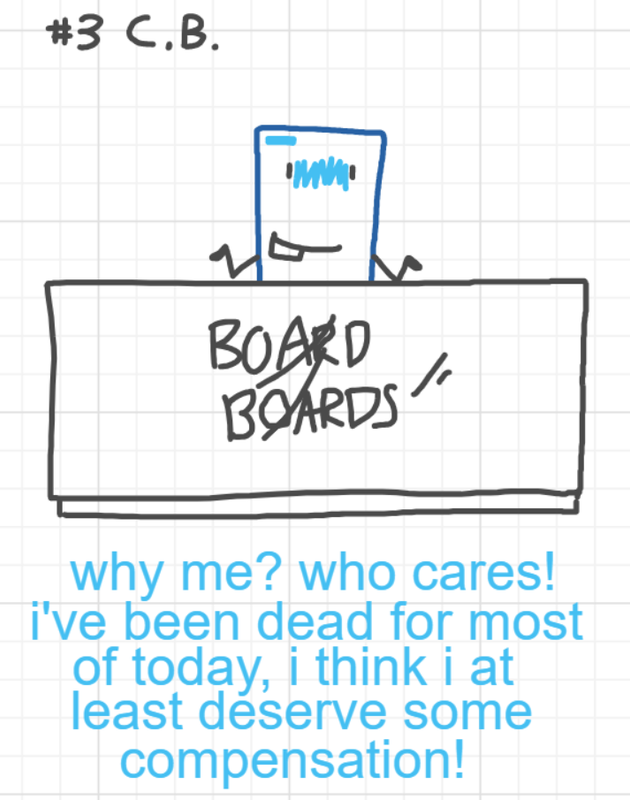 A panel from A Murder On The, episode six of the Board Boards object show by Furretwalk/WalkingFurret.
