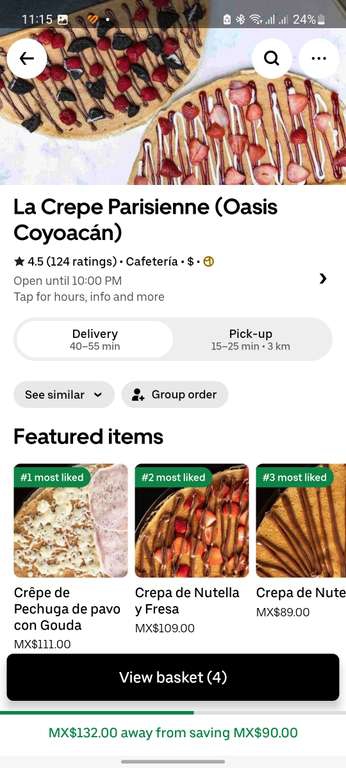 Uber eats - La Crepe Parisienne, 4 crepas por $78 (Uber One)