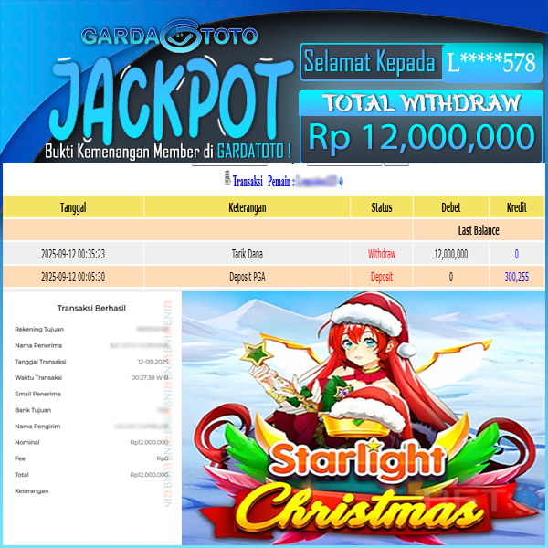 JACKPOT DI PERMAINAN SLOT STARLIGHT CHRISTMAS WD Rp12.000.000,- DIBAYAR LUNAS GARDATOTO MANTAP!