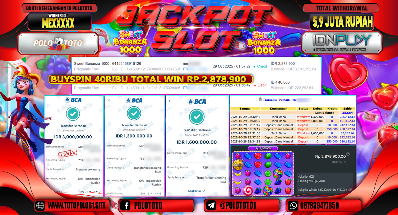POLOTOTO JACKPOT SLOT SWEET BONANZA 1000 Rp.5.900.000,- LUNAS