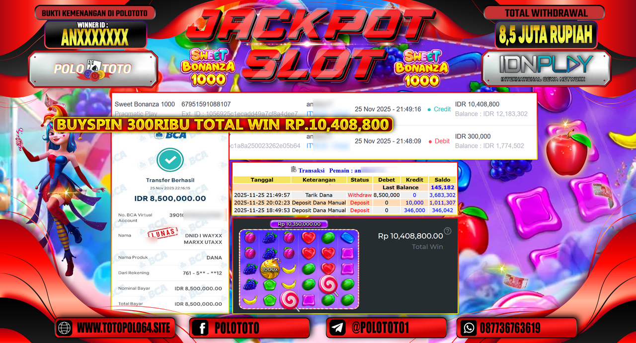 POLOTOTO JACKPOT SLOT SWEET BONANZA 1000 Rp.8.500.000,- LUNAS
