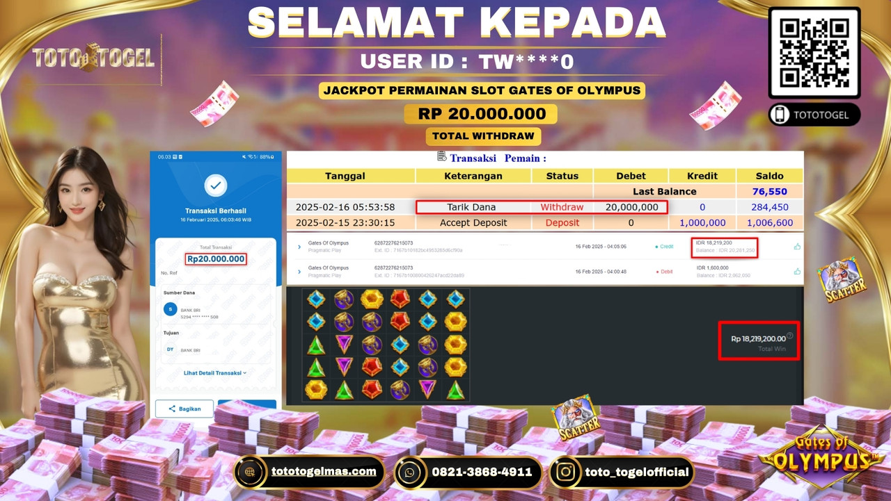 Bukti Pembayaran Jackpot  Permainan Slot Gates Of Olympus  ID:TW****0 LUNAS