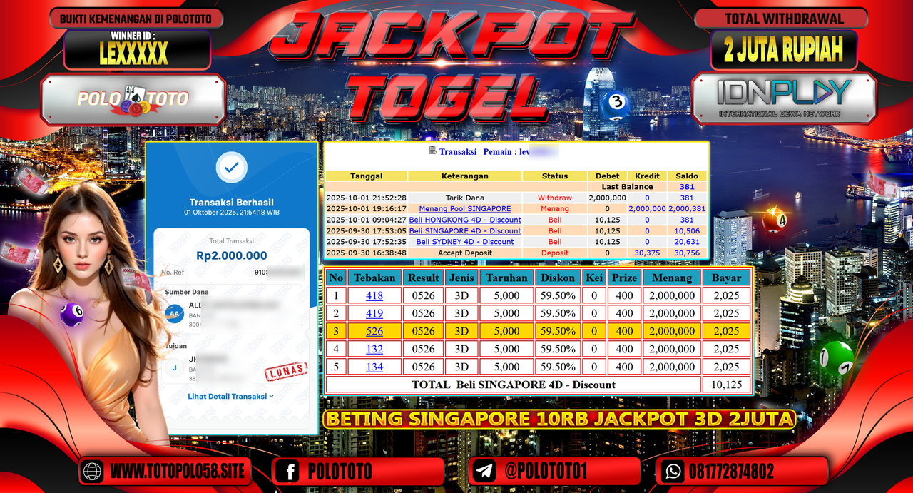POLOTOTO JACKPOT TOGEL SINGAPORE POOL Rp.2.000.000,- LUNAS