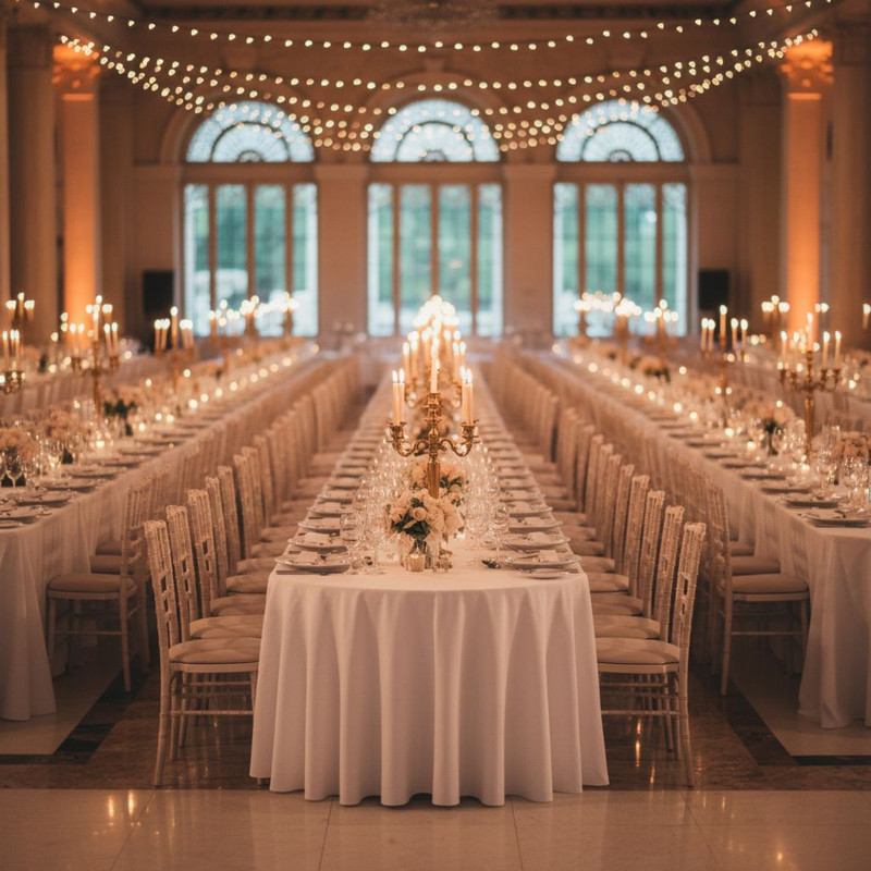 Подготовка банкетного зала к мероприятию: профессиональная аренда столов с идеальной сервировкой и текстилем.