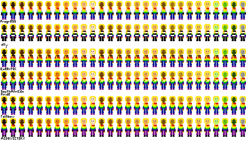 a row of people with pride flag shirts and blond hair