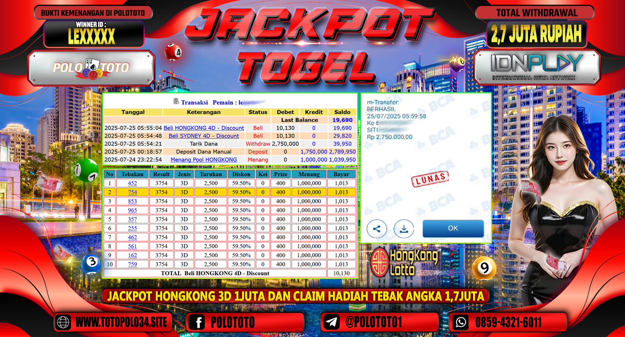 POLOTOTO JACKPOT TOGEL HONGKONG LOTTO Rp.2.700.000,- LUNAS