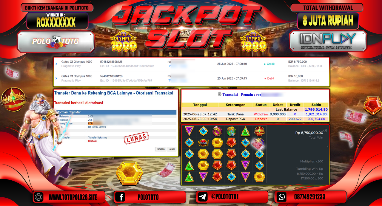 POLOTOTO JACKPOT SLOT GATES OF OLYMPUS 1000 Rp.8.000.000,-