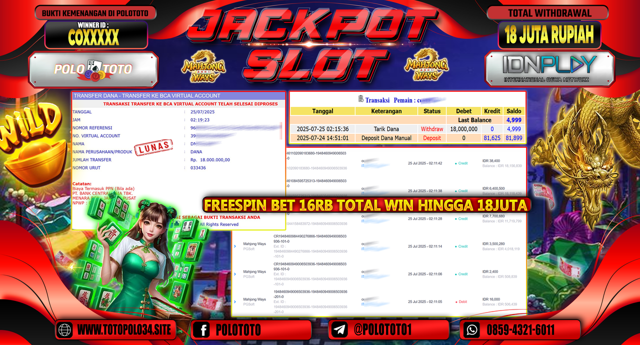 POLOTOTO JACKPOT SLOT MAHJONG WAYS Rp.18.000.000,-LUNAS
