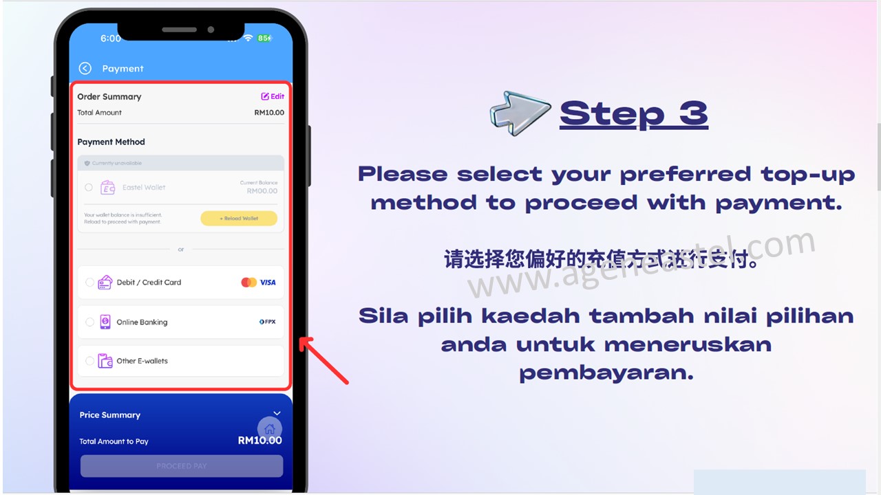 Step 3 pilih kaedah pembayaran topup Eastel