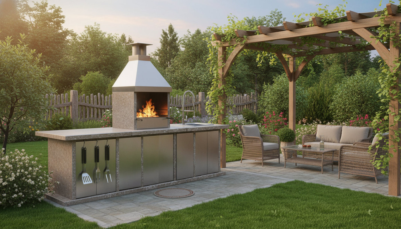 Рабочая поверхность из гранита в зоне барбекю