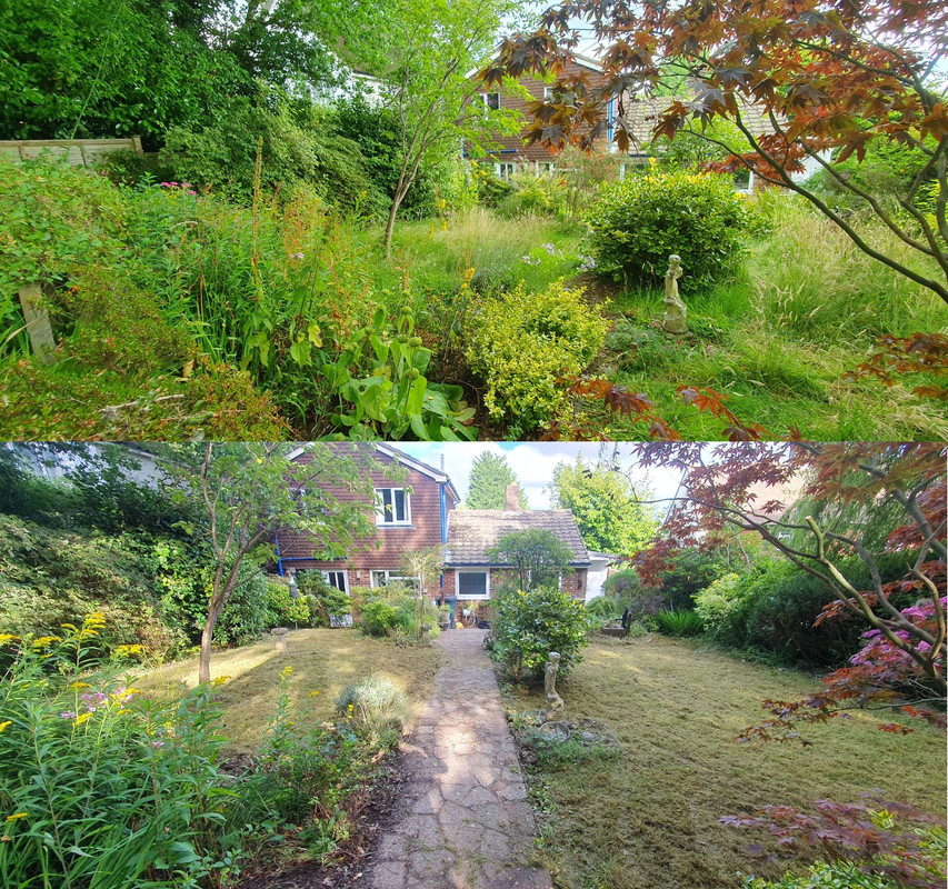 Fully cleared and defined garden path after restoration work, showing neat edges and fresh ground.