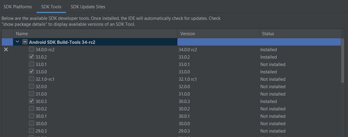 Problema ao configurar a compilação para Android Sdk32