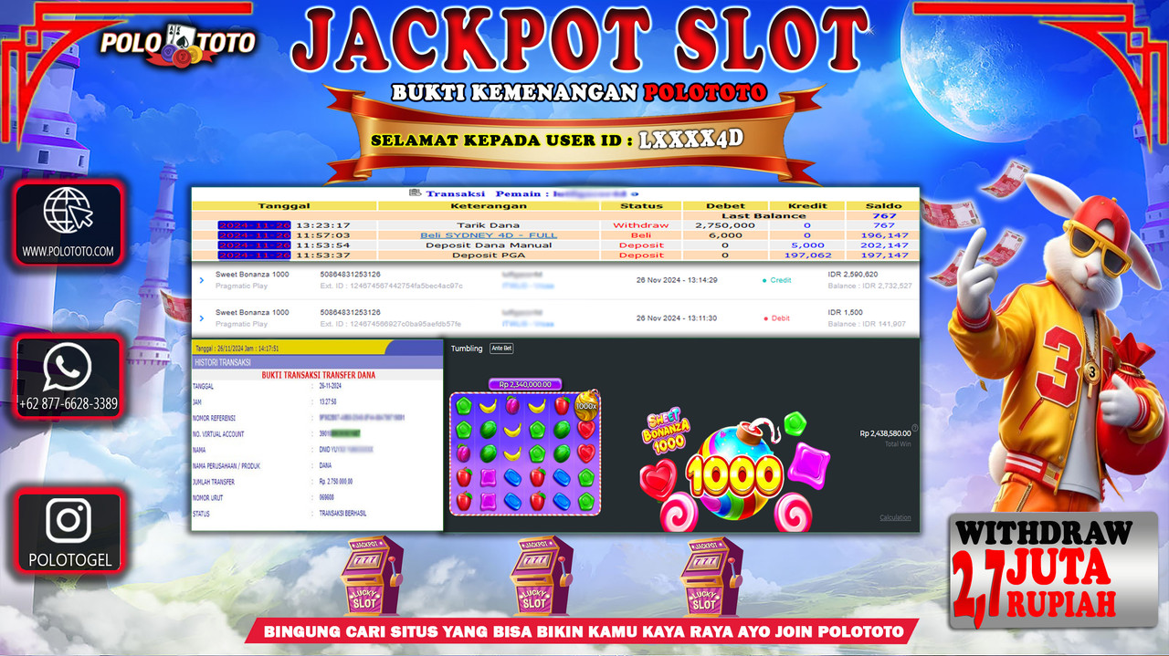 POLOTOTO JACKPOT SLOT SWEET BONANZA 1000 RP.2.750.000,-