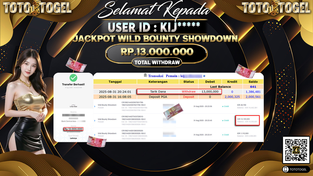 Bukti Pembayaran Jackpot Permainan Slot Wild Bounty Showdown ID:KIJ***** LUNAS