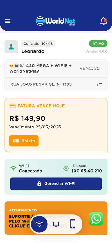 Tela inicial do aplicativo WorldNet Suporte com fatura e botão de pagamento via PIX