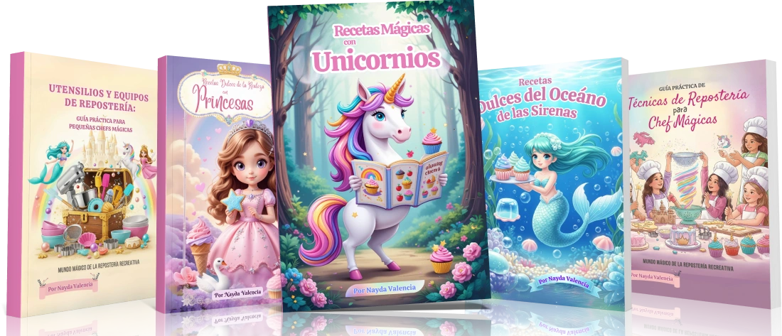 Colección de libros de repostería mágica con diseños de unicornios y princesas.