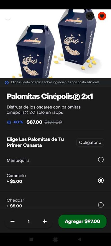 Rappi Cinépolis: Palomitas 2x1 + 50% 