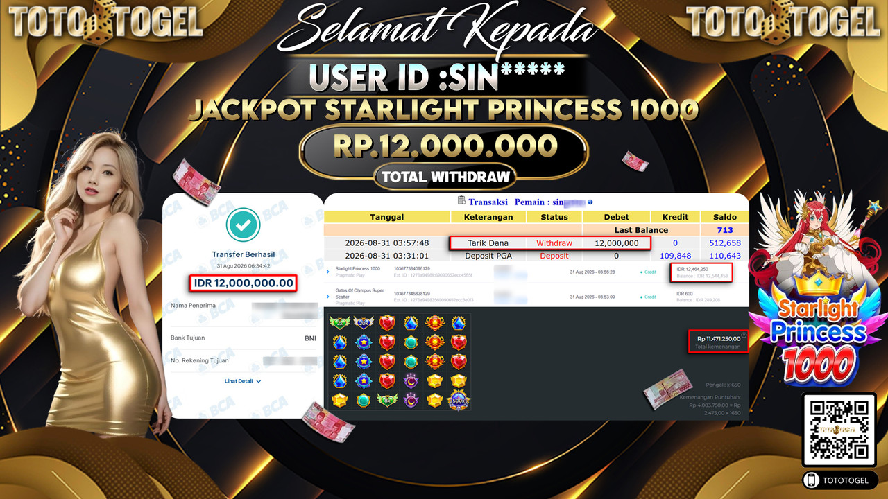 Bukti Pembayaran Jackpot Slot Starlight Princess 1000 ID:SIN*****LUNAS