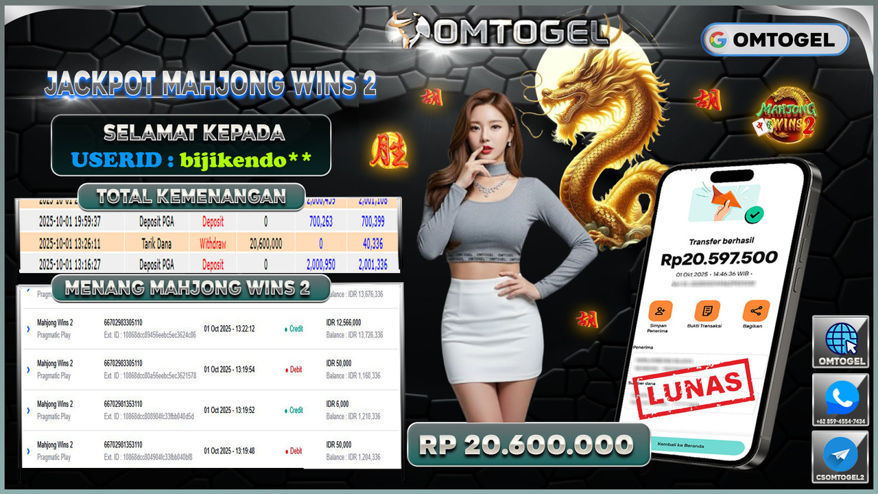 OMTOGEL JACKPOT PRAGMATIC PLAY MAHJONG WINS 2 20 JUTA DI BAYAR LUNAS ,-