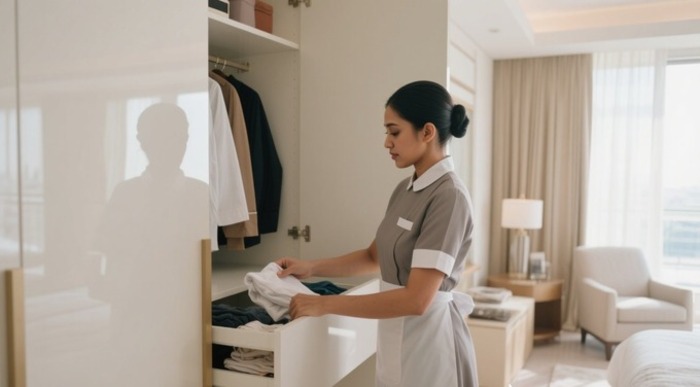 Indonesian maid organizing and tidying the home