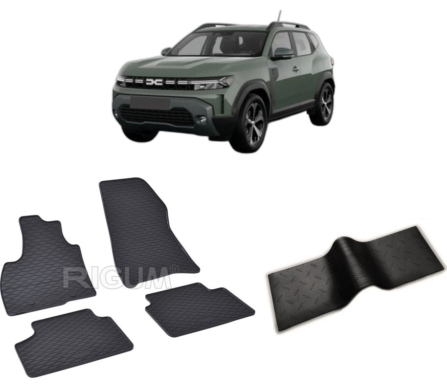 Set covorase auto DACIA DUSTER III MHEV din 06.2024-PREZENT, cu covoras tunel median, CAROSERIE SUV, Presuri cauciuc 100%, compatibil cu autoturismul DACIA DUSTER III MHEV, Rigum