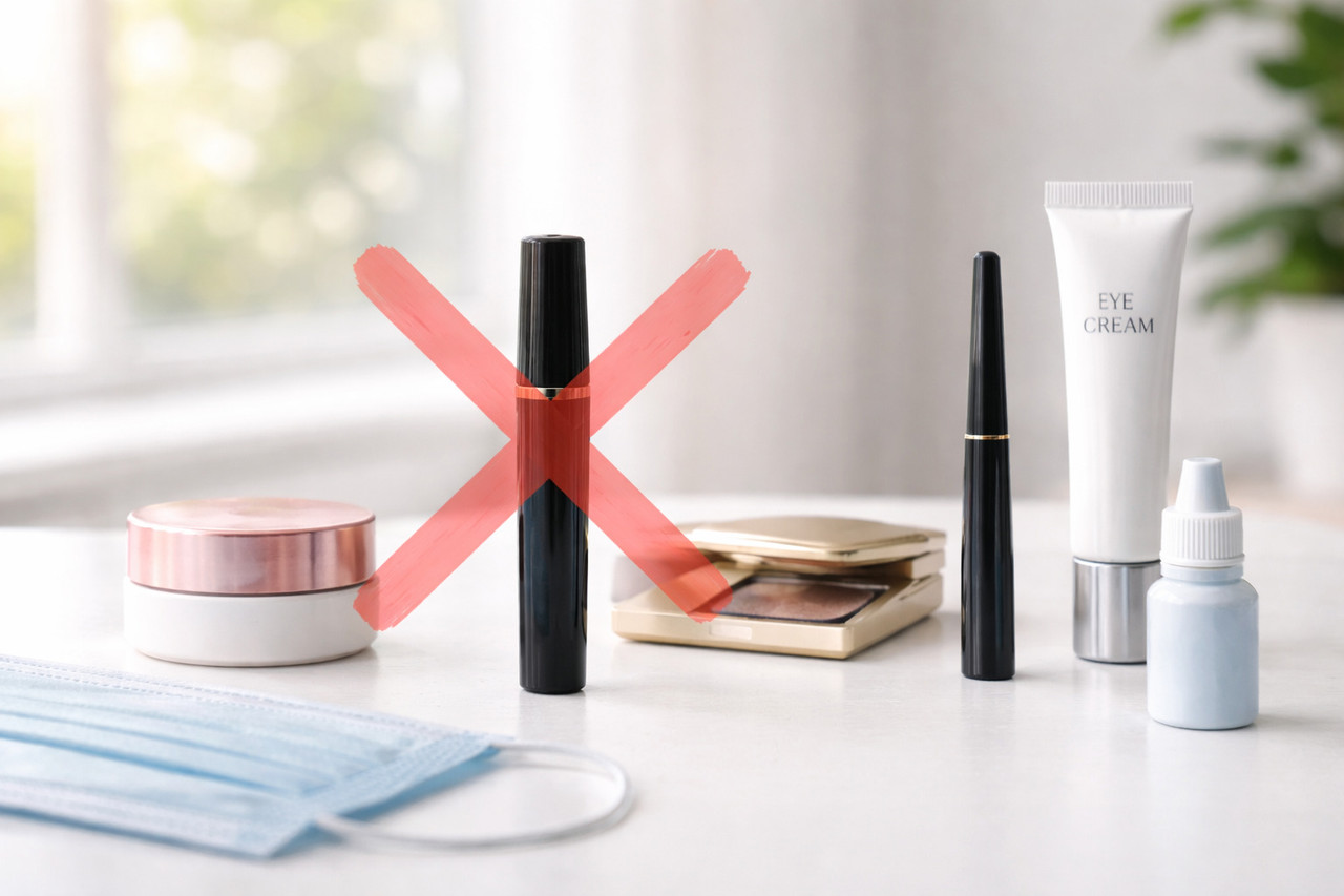 Запрещённые косметические средства рядом с глазными каплями и медицинской маской &mdash; рекомендации по уходу после лазерной коррекции зрения