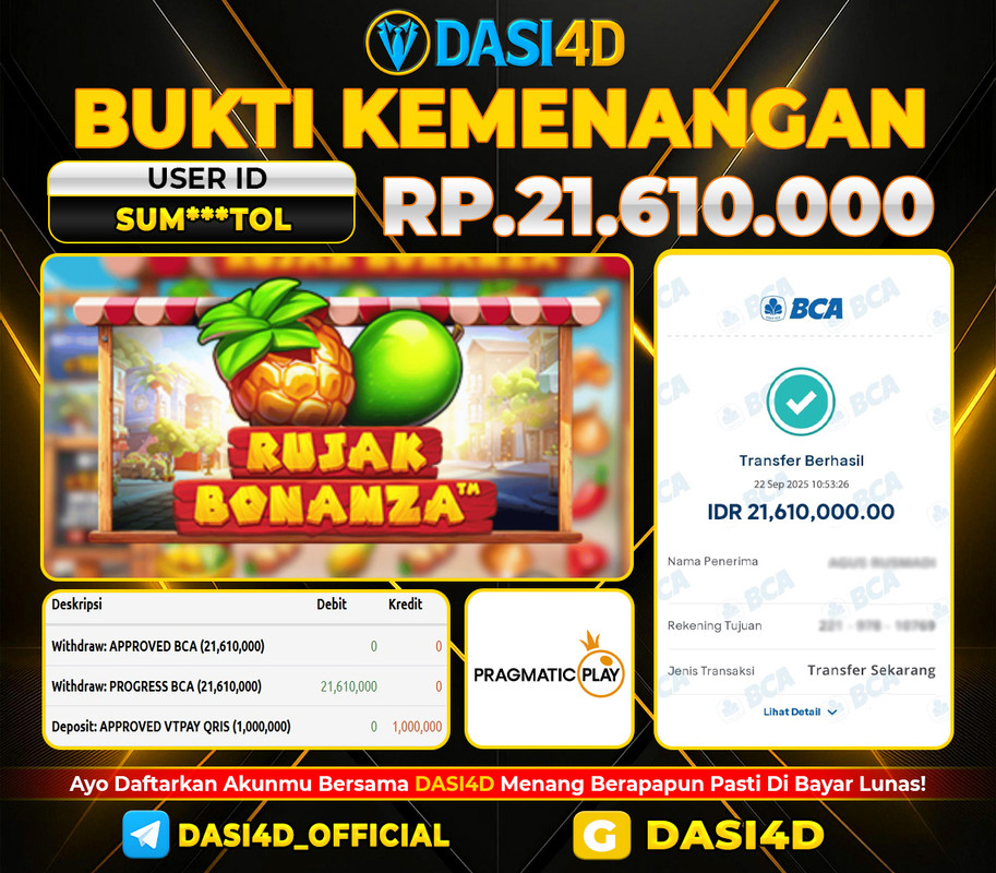 BUKTI KEMENANGAN 22 SEPTEMBER  2025 DI  RUJAK BONANZA  RP. 21.610.000
