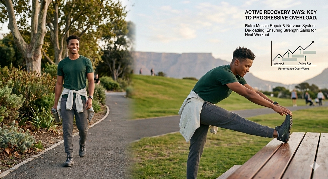 Person walking outdoors and stretching for active recovery demonstrating role of rest days in progressive overload