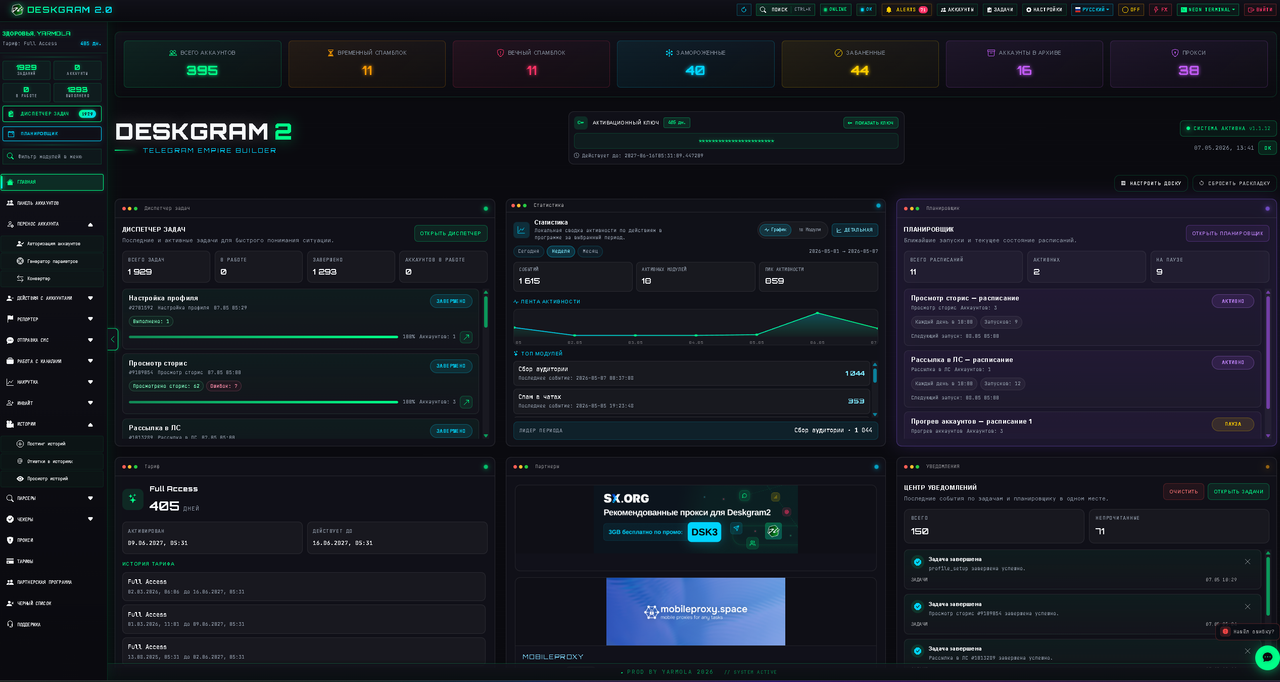 Main screen with widgets for managing the program Main screen screenshot