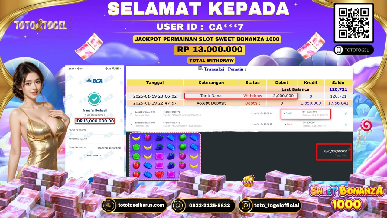 Bukti Pembayaran Jackpot  Permainan Slot Sweet Bonanza 1000  :CA***7  LUNAS