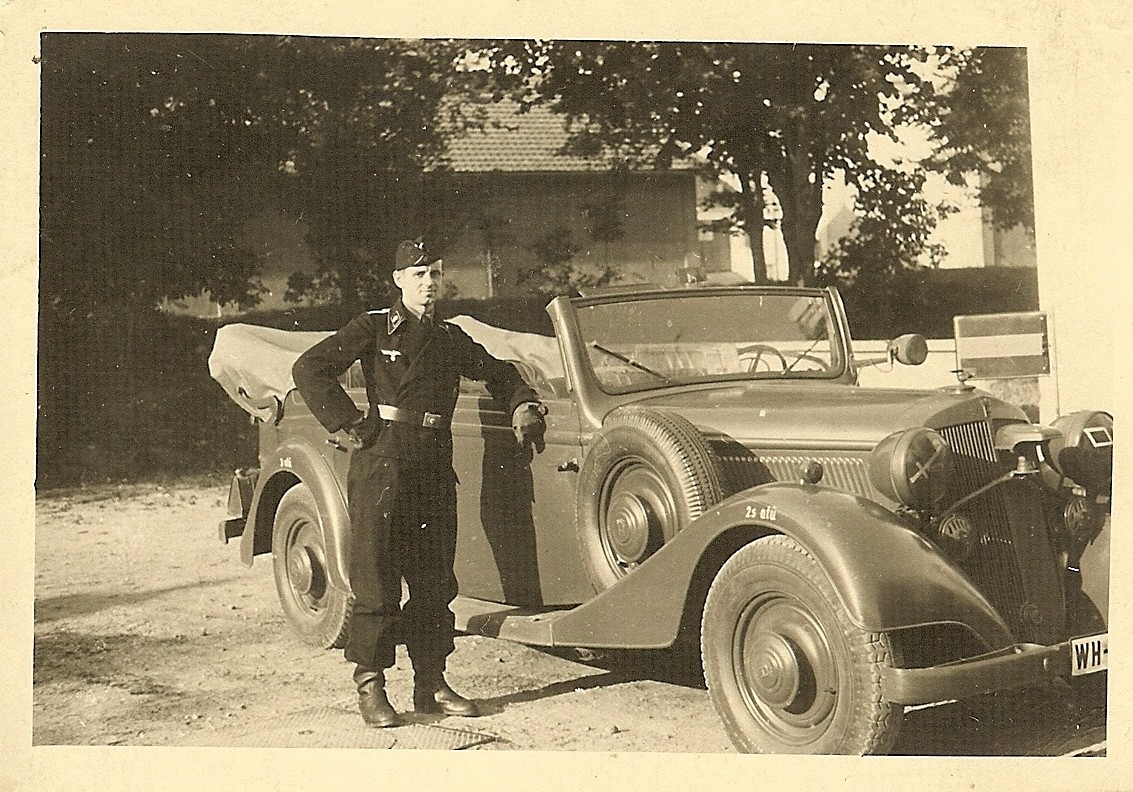 German Panzer Leutnant Strikes a Pose by Convertible Horch Pkw Car