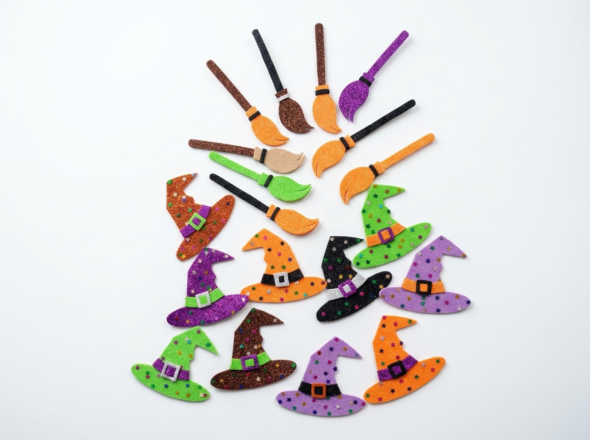 Adornos Sombrero con estrellas y escoba Halloween creados en foamy