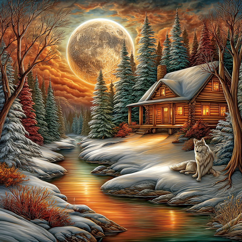 u7722183643 A cabin a creek trees a full wolf moon showing 40195ee1 f0d1 48ec 97d9 b7894b7c5894 0
