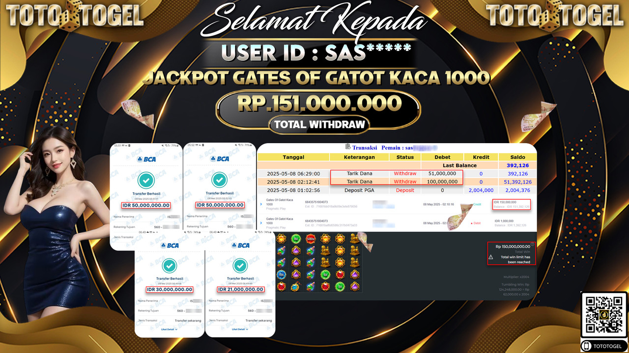 Bukti Pembayaran Jackpot  Permainan Slot Gates Of Gatot Kaca 1000 ID:SAS***** LUNAS