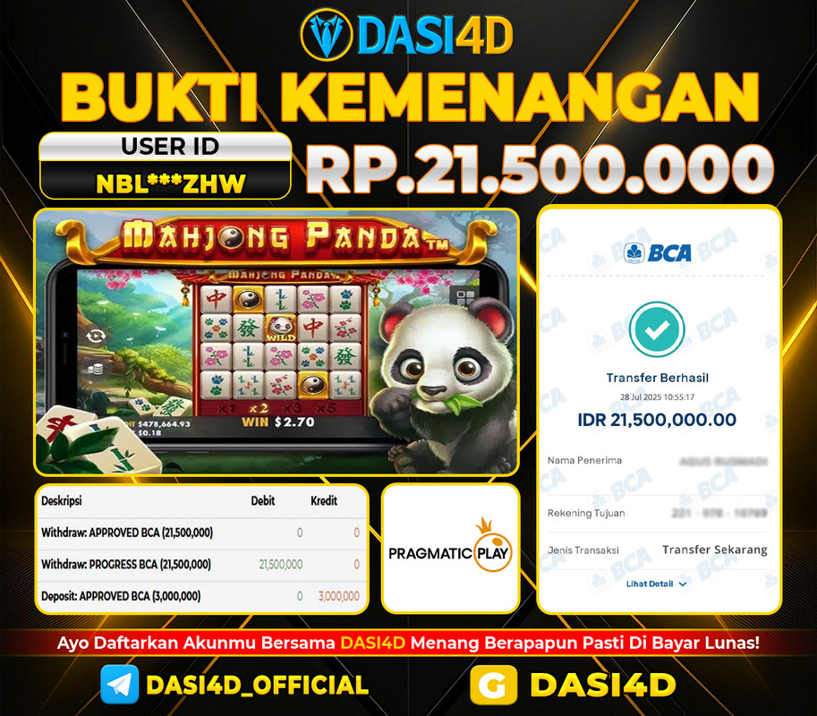 BUKTI KEMENANGAN 28 JULI 2025 DI MAHJONG PANDA RP  21.500.000