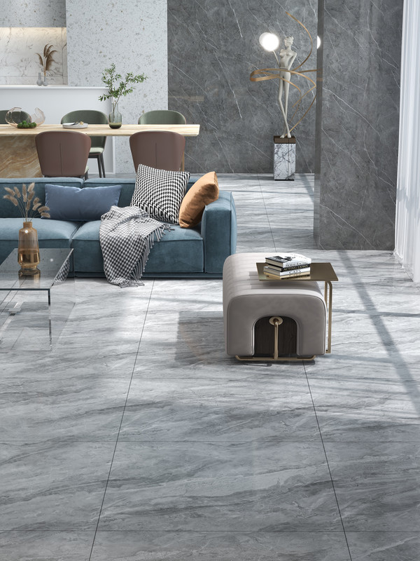 Matte Grey Living Room Floor And Wall Tiles Design