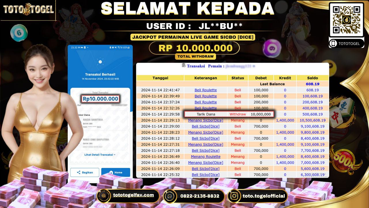 Bukti Pembayaran Jackpot Permainan Live Game Sicbo [Dice] ID: JL**BU** LUNAS 