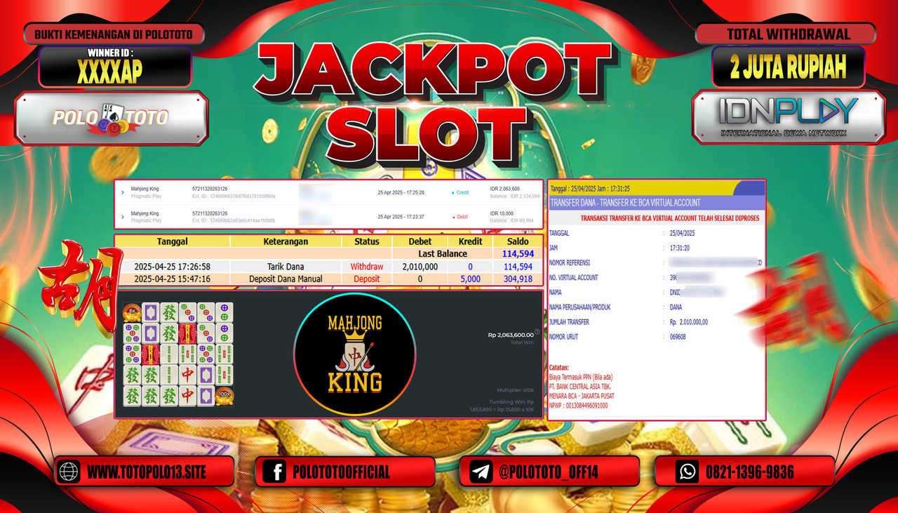 POLOTOTO JACKPOT SLOT MAHJONG KING Rp.2.010.000,-