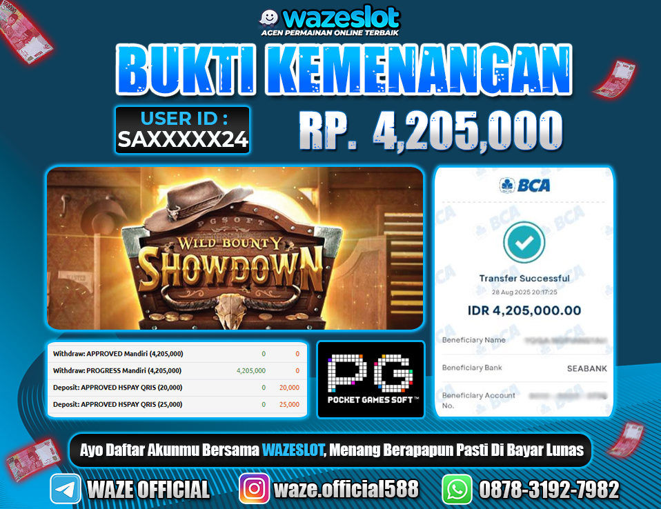 BUKTI KEMENANGAN 29 AGUSTUS 2025 GAME WILD BOUNTY SHOWDOWN ( PG SOFT )