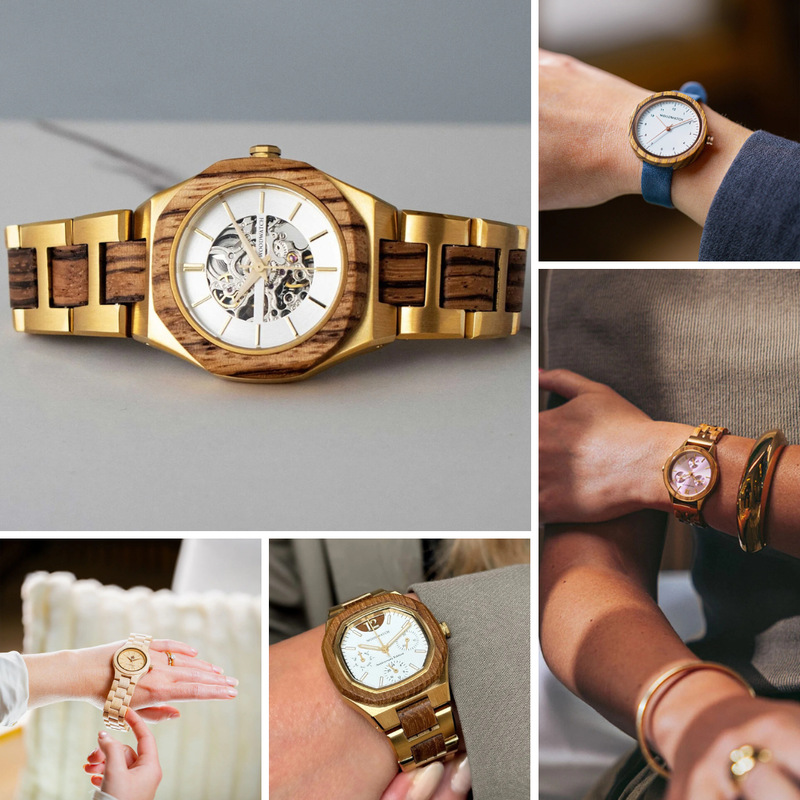 Collage von Just because Geschenken für sie von WoodWatch, darunter gravierte Holzuhren, nachhaltige Accessoires, personalisierte Designs und zeitlose stilvolle Optionen für Freundinnen, Ehefrauen und Frauen