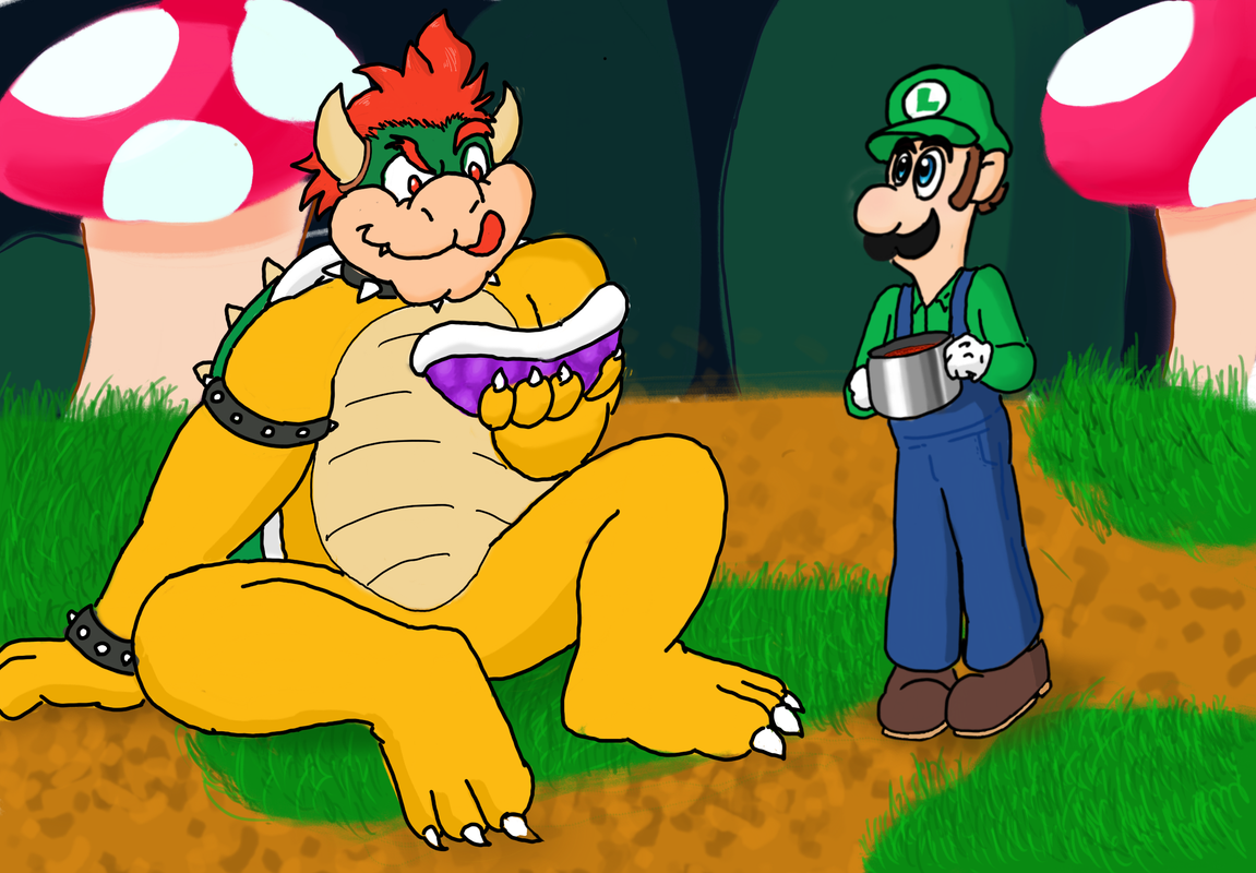 Bowser eating Luigi's food