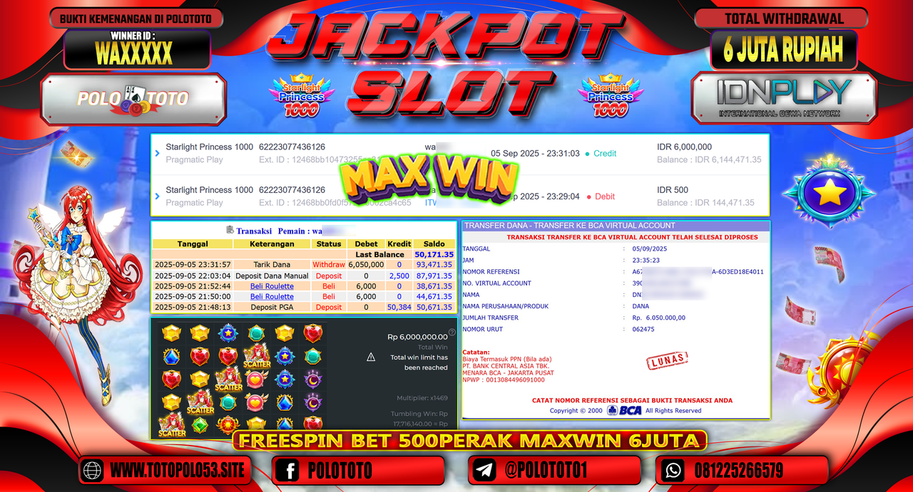 POLOTOTO JACKPOT SLOT STARLIGHT PRINCESS 1000 Rp.6.050.000,-