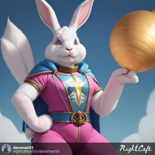 Giant anthromorphic rabbit with pink fur wearing a superhero costume