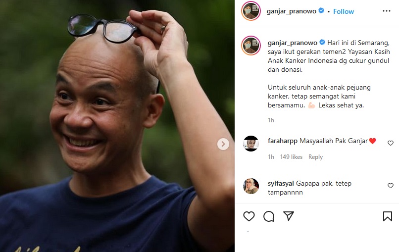 Gubernur Jawa Tengah Ganjar Pranowo membagikan potret gundulnya untuk gerakan Yayasan Kasih Anak Kanker Indonesia.