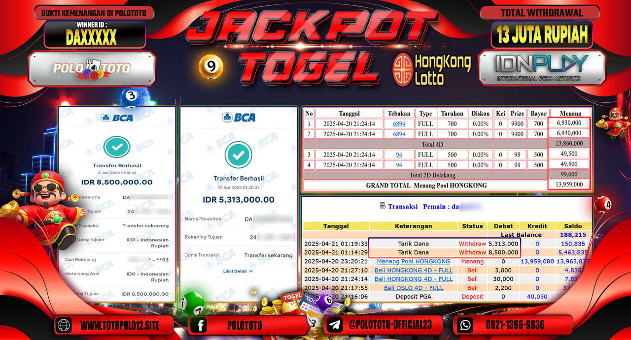 POLOTOTO JACKPOT TOGEL HONGKONG LOTTO Rp.13.813.000,-